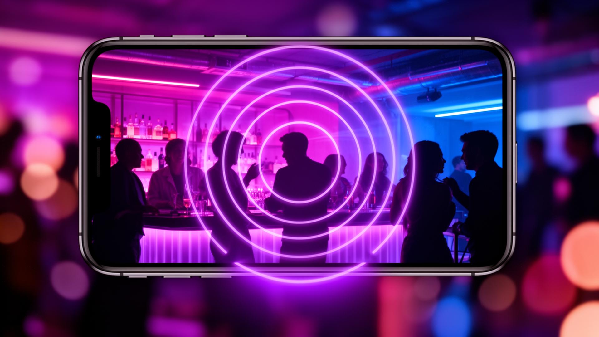 Vibe Radar app showing people at a neon-lit bar